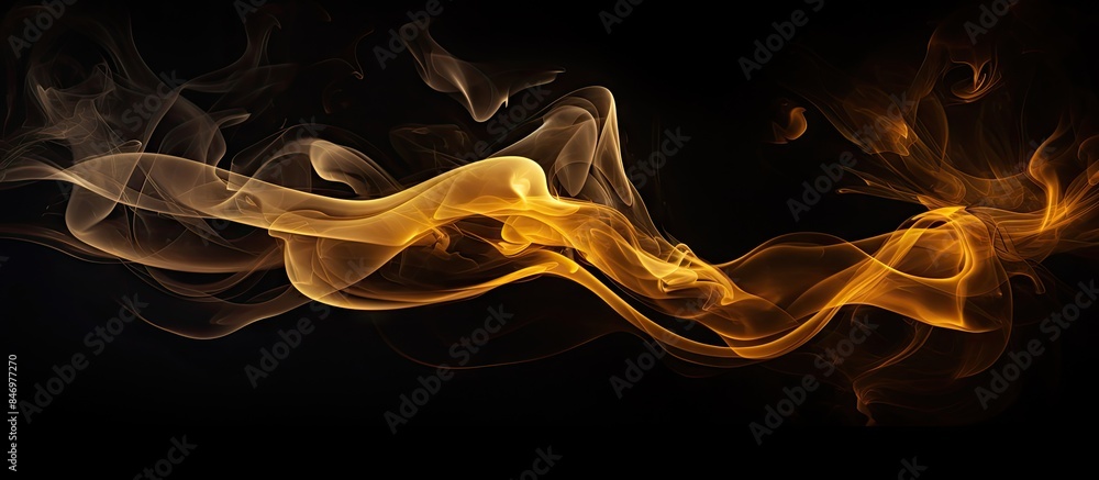 Poster Yellow smoke swirling dynamically against a black backdrop, creating an abstract and mesmerizing visual effect. with copy space image. Place for adding text or design