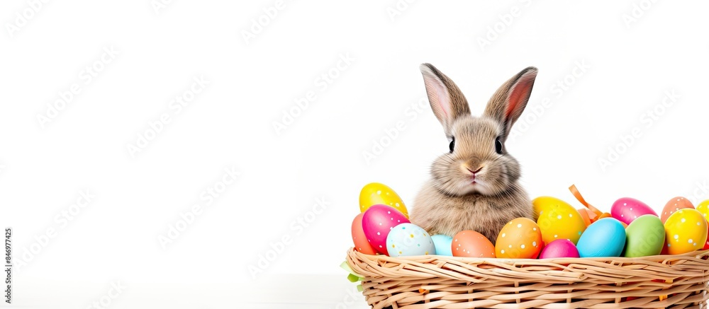 Poster Rabbit sitting in basket with colored eggs and carrots on Easter day against a white background. with copy space image. Place for adding text or design