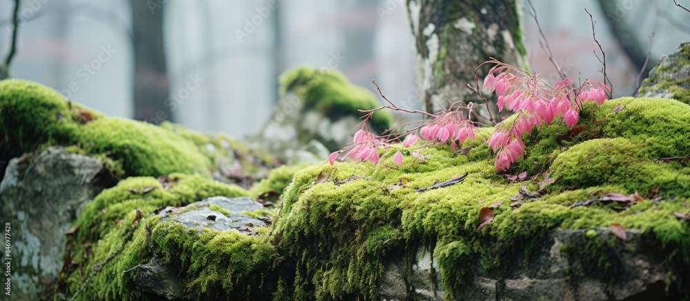 Leinwandbilder Lush green moss blankets the rocks and trees in a misty forest setting, creating a serene and magical atmosphere. with copy space image. Place for adding text or design