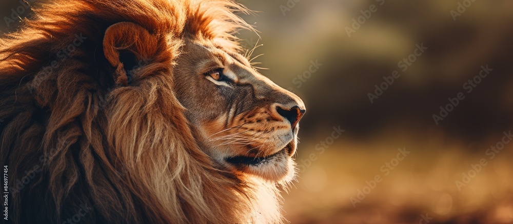 Poster impressive lion with a majestic mane gazing in the wild, showcasing its power and beauty. with copy 