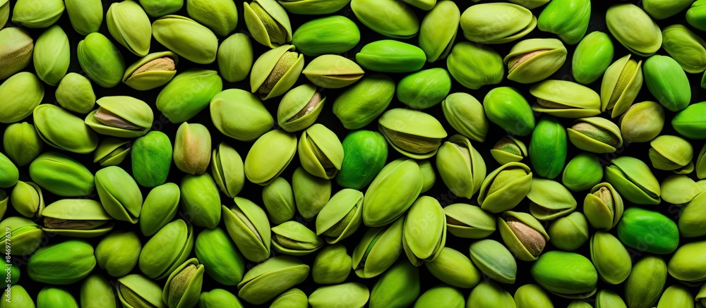 Poster a close-up view of a pile of green pistachios, creating a food background with lots of nuts. with co