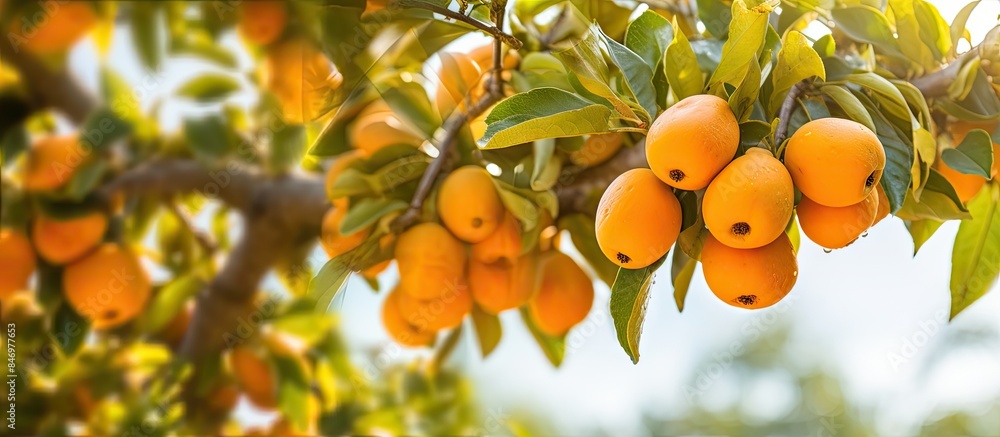 Poster abundant ripe oranges hanging from sunlit tree in a bountiful harvest scene. with copy space image. 