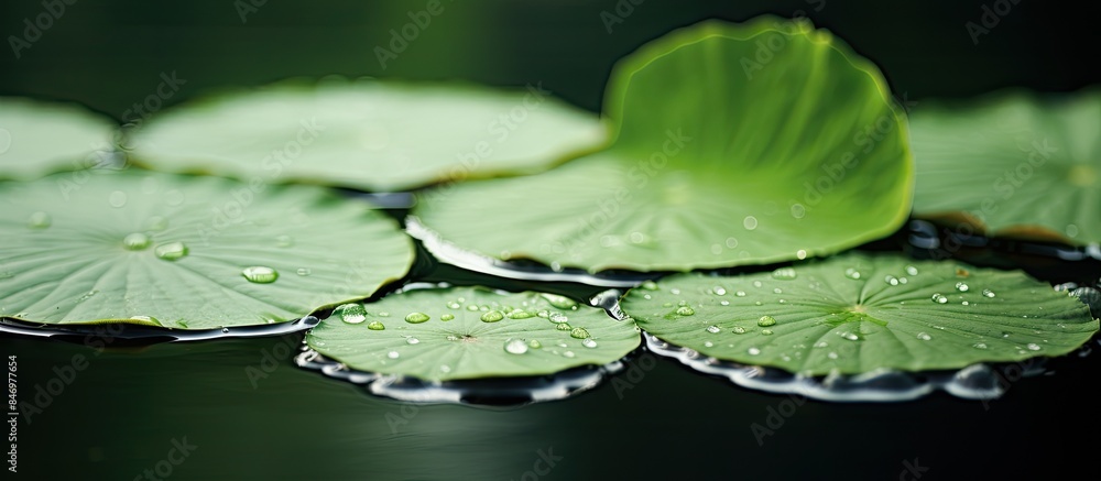 Aufkleber detail of a leaf in a pond with water droplets glistening on its surface, showcasing the beauty of n