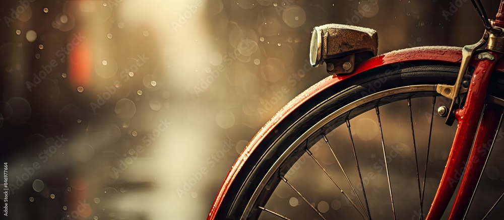 Poster Red bike left outdoors in rainy weather, with blurred background showing wet pavement. with copy space image. Place for adding text or design
