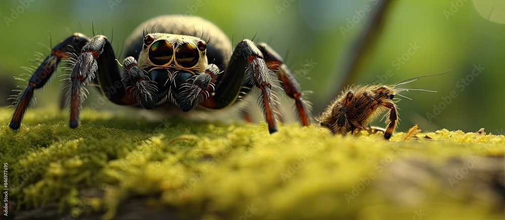 Aufkleber Spider with fangs embedded in bee on green mossy background in a natural setting. with copy space image. Place for adding text or design