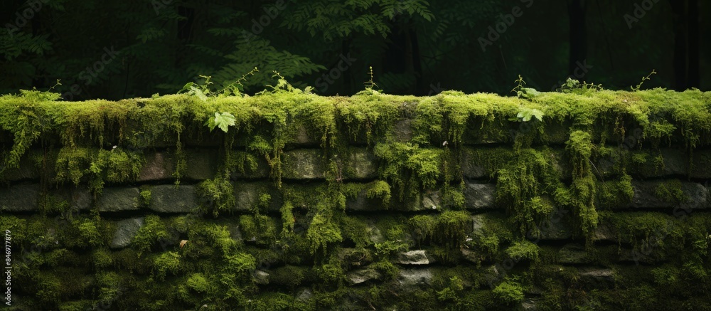 Poster Green moss covering a wall adjacent to a black fence in a forest setting. with copy space image. Place for adding text or design