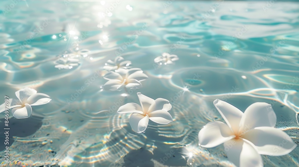 Wall mural white frangipani flowers floating on sparkling water - Wall murals