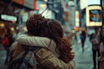 A candid moment of affection between two individuals on a busy urban street