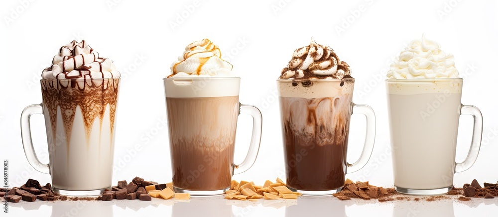 Poster Lineup of different types of coffee arranged in a series, showcasing a variety of flavors and aromas. with copy space image. Place for adding text or design