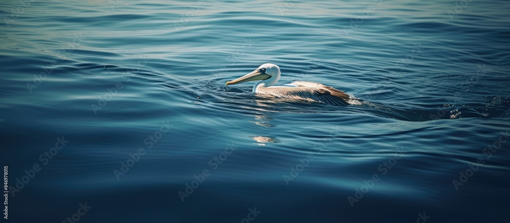 Poster pelican gracefully glides over the tranquil rippled water surface in a slow panning shot capturing i