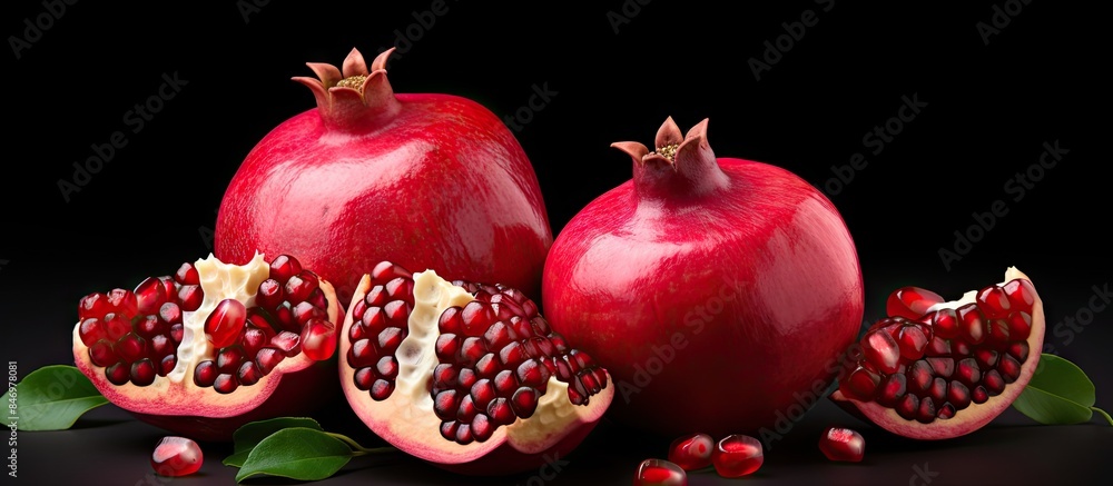 Aufkleber two whole pomegranates and one cut open, showcasing juicy kernels on a clean white isolated backgrou