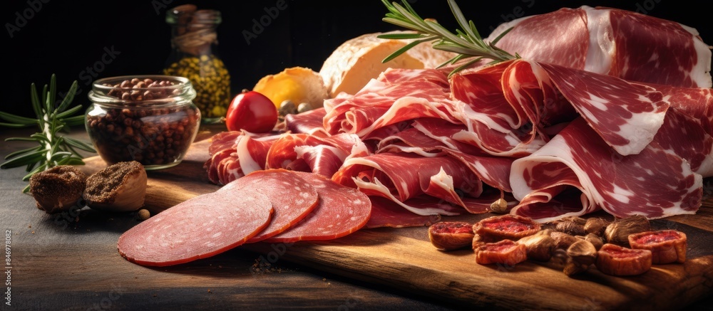 Fototapete Close-up of a cutting board filled with a variety of fresh meat and vegetables for cooking. with copy space image. Place for adding text or design