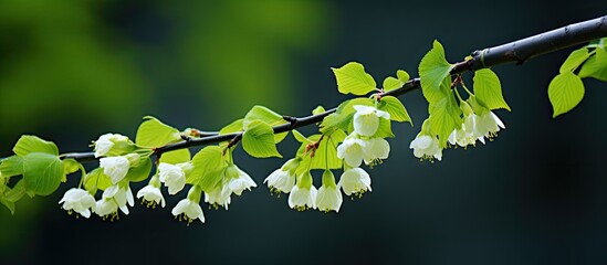 Fototapeta premium Sprouting white flowers and lush green leaves on the branches of a Cercidiphyllum japonicum, also known as Katsura tree. with copy space image. Place for adding text or design