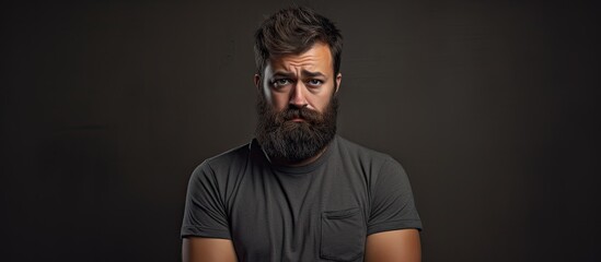 Obraz premium A man sporting a beard, wearing a black shirt, appears to be feeling sad and offended with a frowning expression on his face. with copy space image. Place for adding text or design