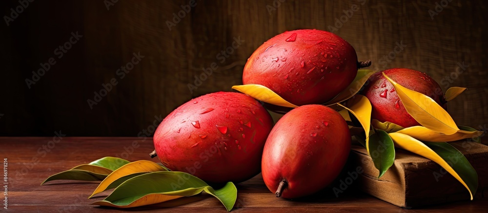 Leinwandbilder ripe gedong gincu mango variety, known for its red skin and fragrant scent, displayed on a rustic wo