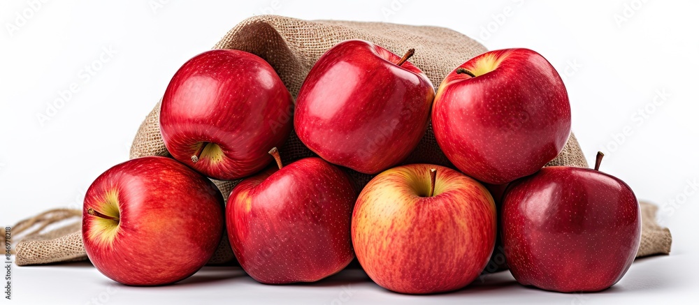Aufkleber multiple ripe red apples arranged on a wooden tabletop, some apples in a burlap sack, against a whit