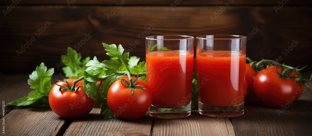 Aufkleber glass of tomato juice placed next to ripe tomatoes on a wooden table background. with copy space ima