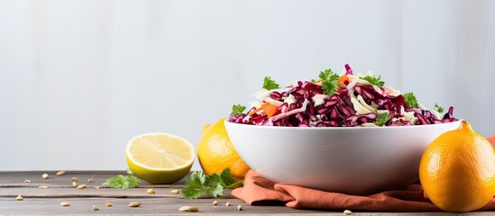 Vibrant red cabbage slaw with shredded carrots, juicy pomegranate seeds, and a citrusy lemon slice served in a white bowl on a textured linen background. with copy space image - Powered by Adobe