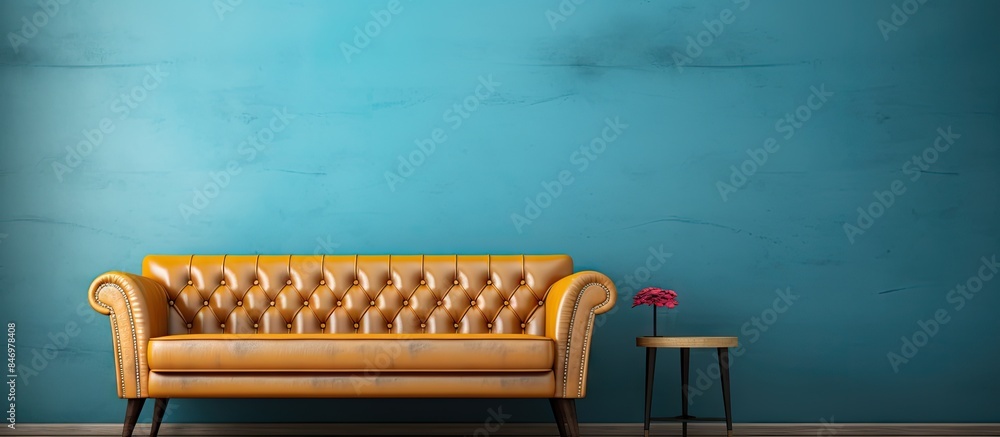 Poster stylish room featuring a retro yellow leather couch with a side table against a blue wall. with copy