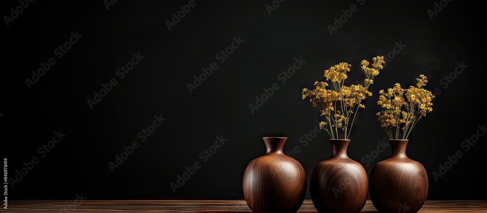 Fototapete wooden table in dark room with three vases containing flowers. with copy space image. place for addi