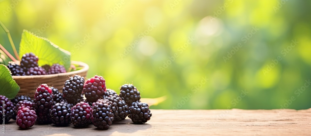 Poster ripe blackberries in a basket placed on a wooden table, showcasing a delicious and healthy fruit opt