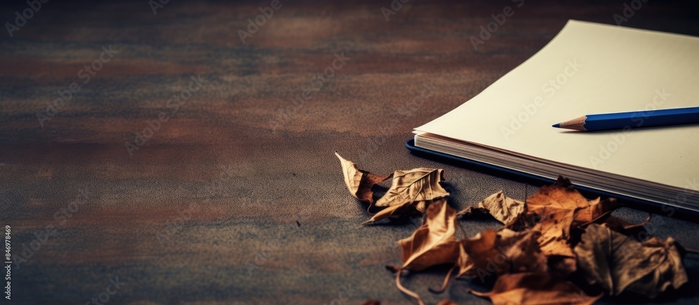 Poster Notebook and pencil placed on table surrounded by scattered green leaves, with pencil sharpener nearby. with copy space image. Place for adding text or design