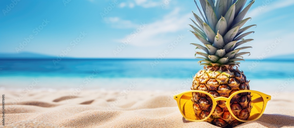 Poster stylish pineapple in shades and seashells enjoying tropical summer beach vibes by the blue sea. with