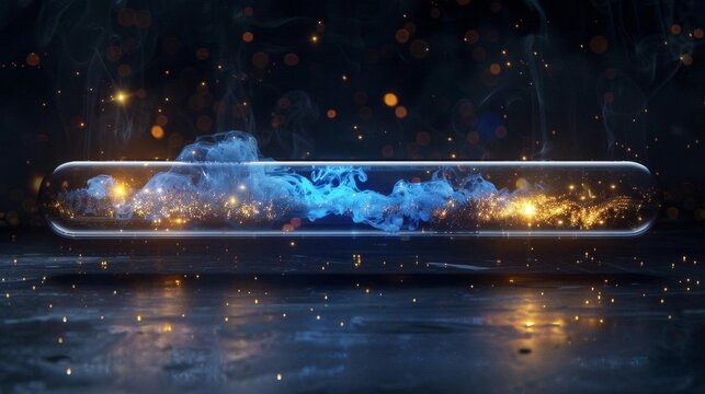 Futuristic UI element in a mystic style Progress bar displaying progress as blue smoke wind with golden sparks inside a horizontal glass tube, exuding a mystical charm