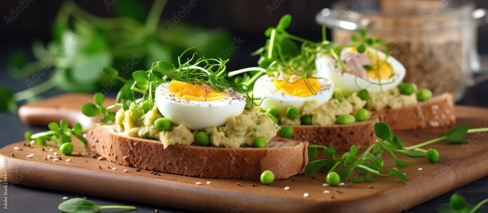 Aufkleber Wooden cutting board with two pieces of bread, a boiled egg, making a simple snack with cream cheese, canned tuna, cucumber, and microgreens. with copy space image. Place for adding text or design