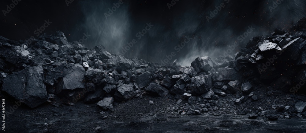 Poster dark stormy night sky above heap of rocks, reflecting mining and quarrying industry with raw materia