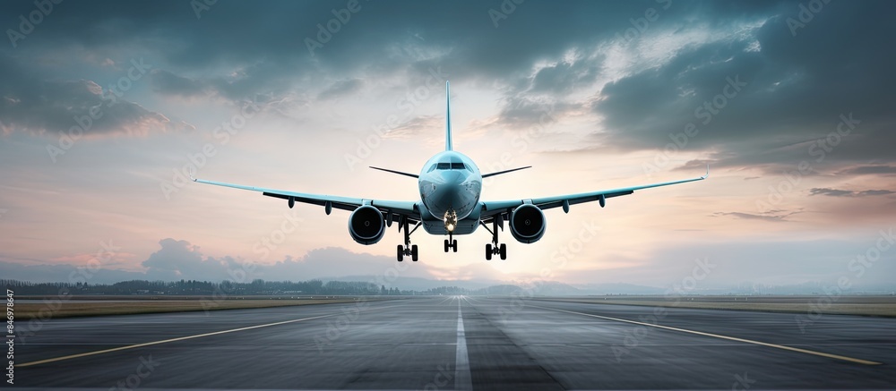 Aufkleber A modern airliner is seen preparing for landing on a runway with a backdrop of cloudy skies. with copy space image. Place for adding text or design
