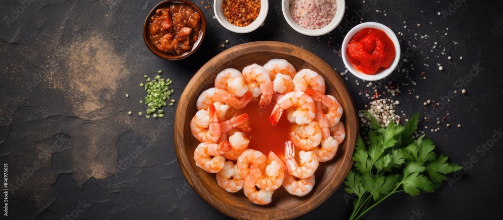 Aufkleber Bowl of seasoned shrimp with sauce and parsley presented on a sleek black table. with copy space image. Place for adding text or design