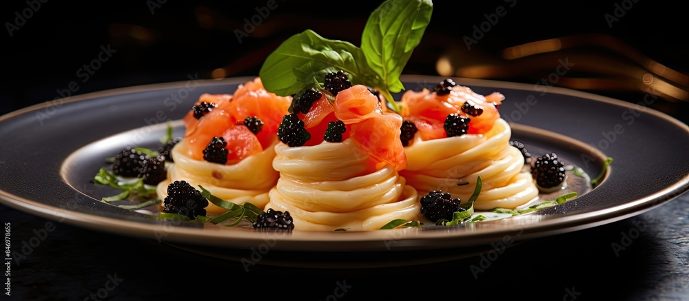 Aufkleber pasta dish with fresh salmon, blackberries, and spinach on a plate. with copy space image. place for