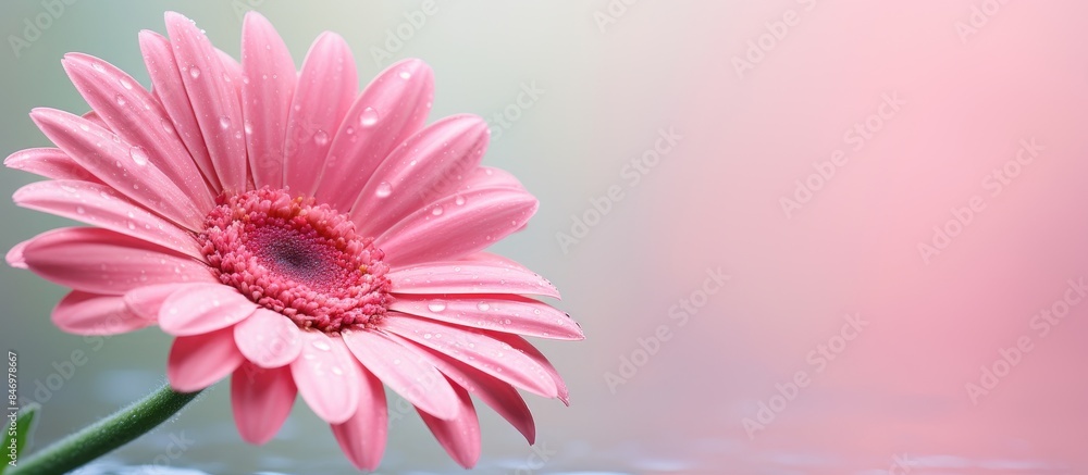 Fototapete a delicate pink flower with droplets in a transparent vase looks fresh and radiant. with copy space 