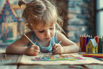 A young girl sits at a table with colored pencils, engaged in creative activity
