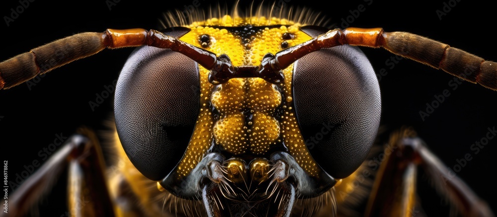 Poster Zoomed image capturing details of a wasp's face in extreme close-up perspective. with copy space image. Place for adding text or design