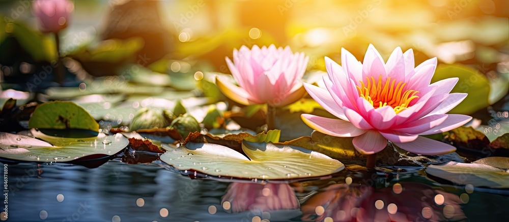 Leinwandbilder two pink water lilies with leaves and a pink lotus displaying yellow pollen in the pond. with copy s