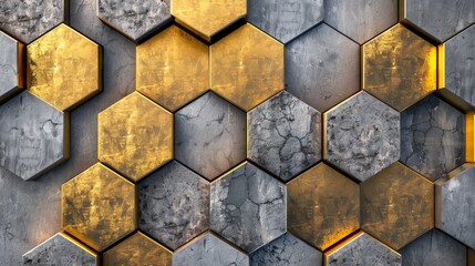 Fototapeta premium Intricate hexagonal mosaic pattern with gold and gray textures, showcasing modern geometric design and elegant metallic tones.