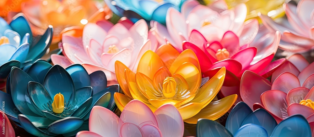 Aufkleber vivid paper flowers arranged neatly in a row, alongside a detailed close-up of blooming plastic lotu