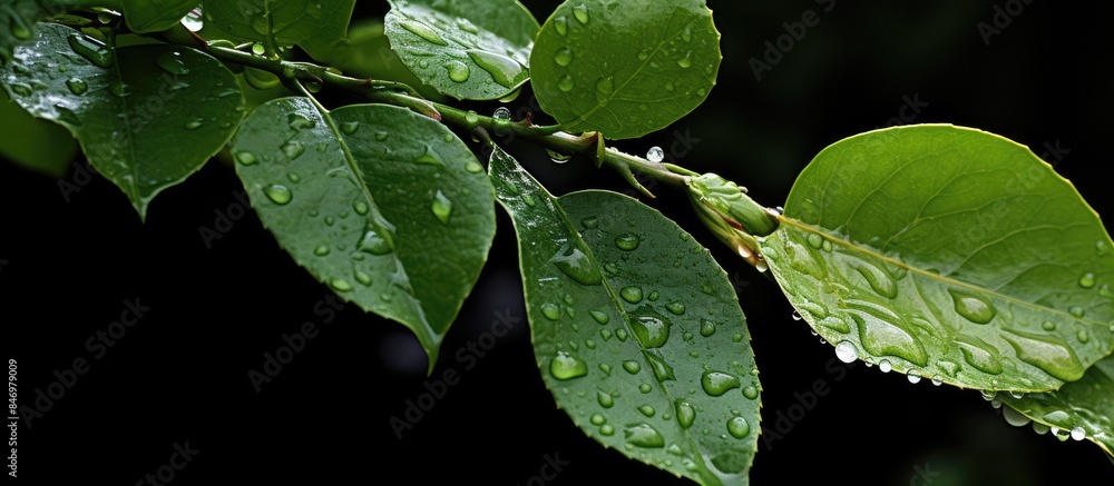 Aufkleber Macro shot of a solitary leaf covered in sparkling rain droplets, showcasing nature's purity. with copy space image. Place for adding text or design
