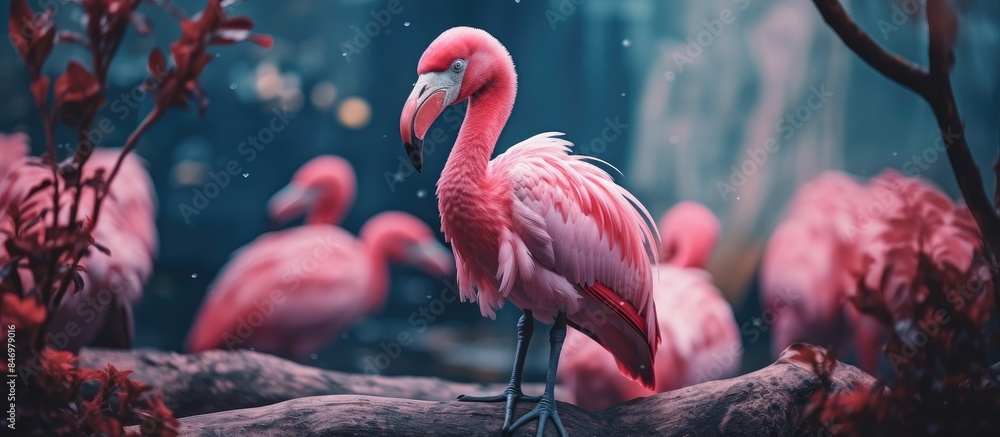 Poster multiple pink flamingos are seen standing gracefully on a branch in the water, showcasing a serene s