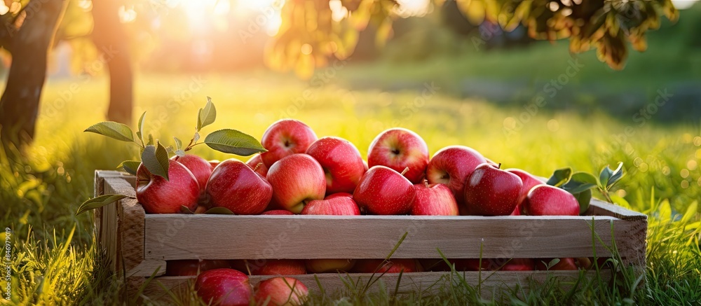 Aufkleber Pile of freshly harvested red apples stored in a rustic wooden crate placed on the green grass beneath a leafy tree. with copy space image. Place for adding text or design