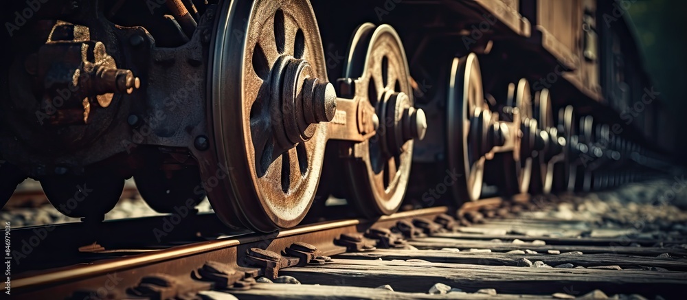 Aufkleber A close view of a train car on the tracks with railway wheels visible in the background. with copy space image. Place for adding text or design