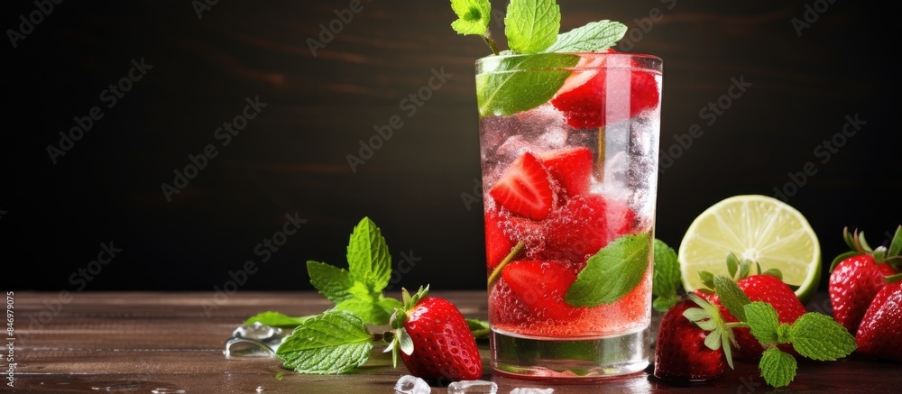 Poster Glass filled with clear refreshing water garnished with ripe strawberries and slices of lime. with copy space image. Place for adding text or design