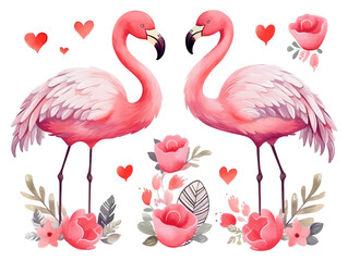 Watercolor valentines day love flamingo couple, hand drawn watercolor illustration for greeting card or invitation design