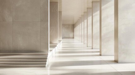 Obraz premium Modern architectural interior with marble columns, stairs, and sunlight creating a serene and minimalist atmosphere.