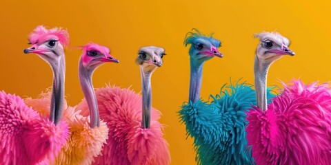 Group of ostriches standing together, natural habitat, farm or zoo scene