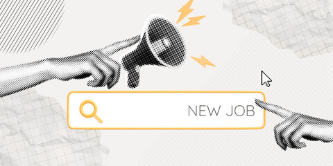 Trendy Halftone Collage Announcement for hiring new employees for job. Online vacancy. Hand point to search bar and megaphone. Career opportunity. New addition to team. Contemporary vector art
