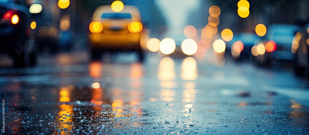 Poster City scene with multiple vehicles including a taxi on a rainy day, headlights shining through the rain. with copy space image. Place for adding text or design