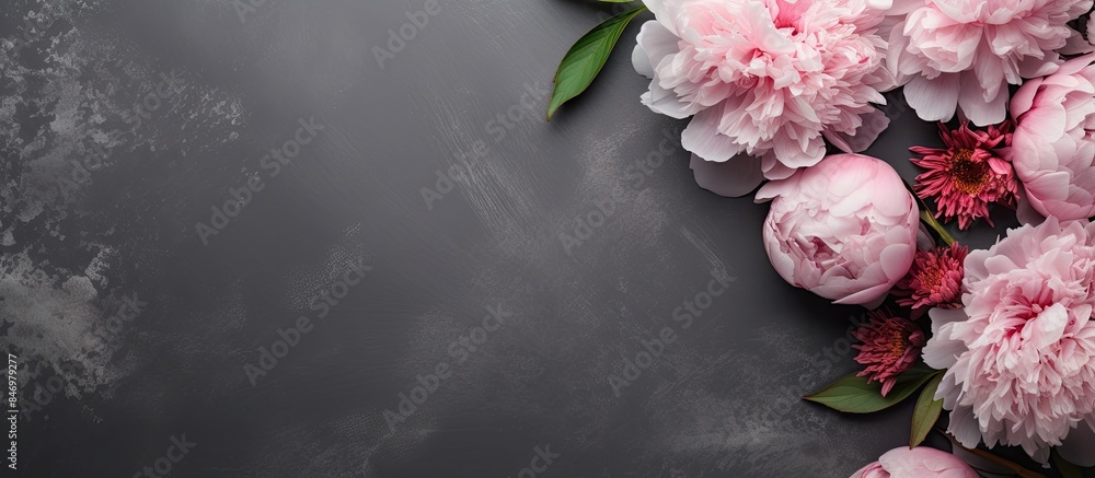 Fototapete Pink peonies stand out against a black background, leaving room for text, creating an elegant and striking composition. with copy space image. Place for adding text or design